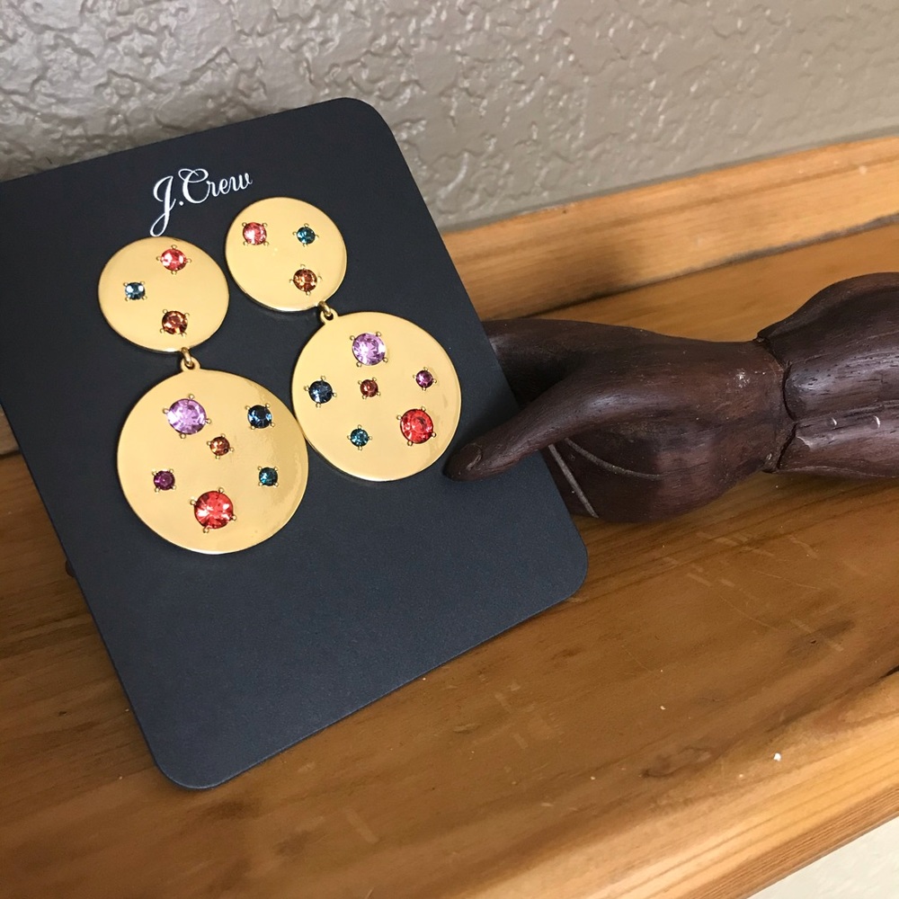 New J. Crew colorful stone earrings Gold tone disk